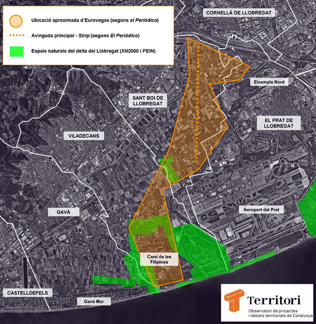 Plano publicado en la web TERRITORI amb la posible ubicaciones del EuroVegas en el entorno del aeropuerto del Prat y su STRIP o avenida principal (3 Abril 2012)